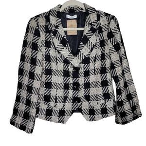 Coldwater Creek Buffalo Check Long Sleeve Blazer Jacket Black Tan Petite 10